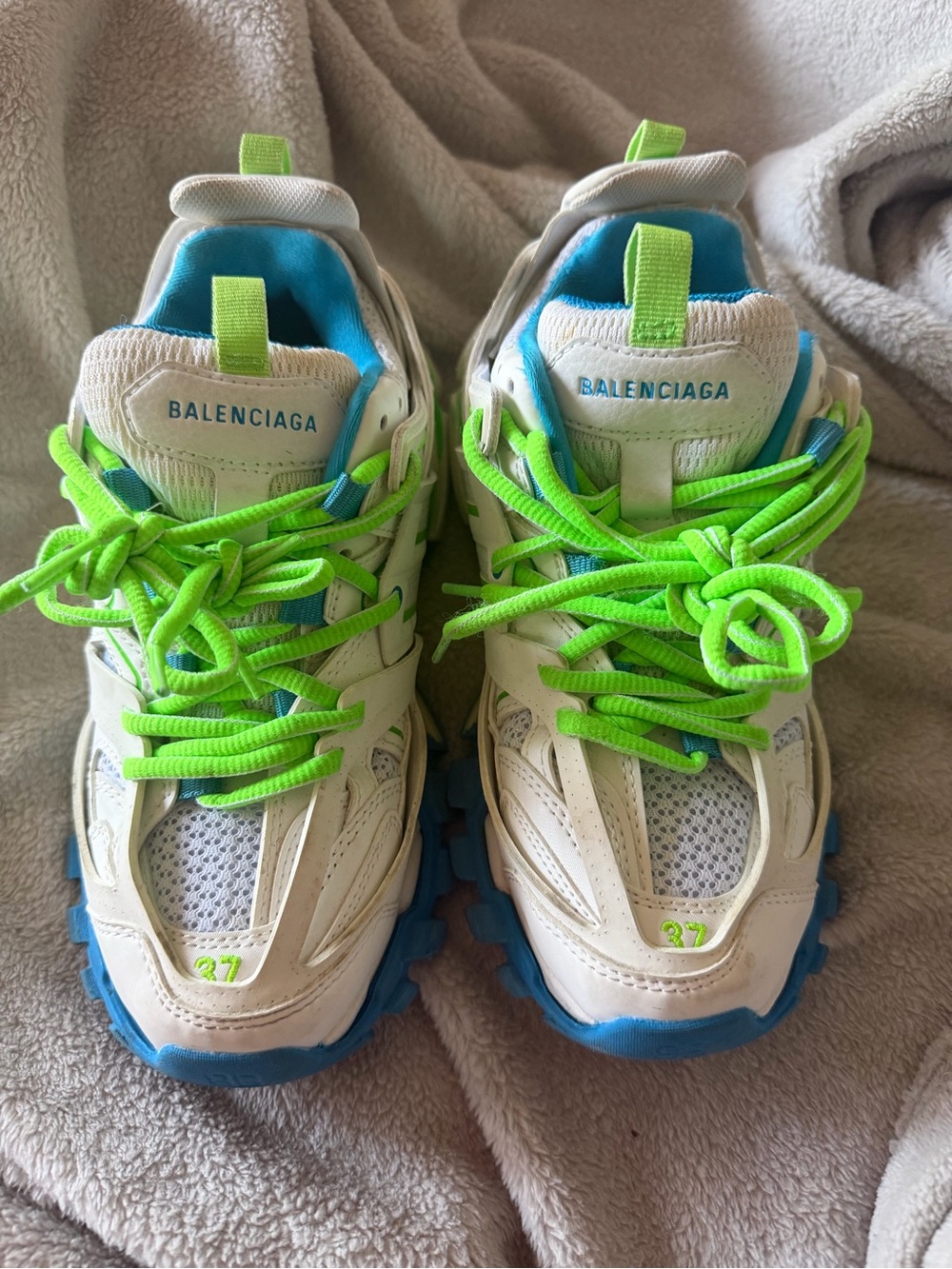 Balenciaga Kids White Sneakers with Blue Accents and Neon Green Laces